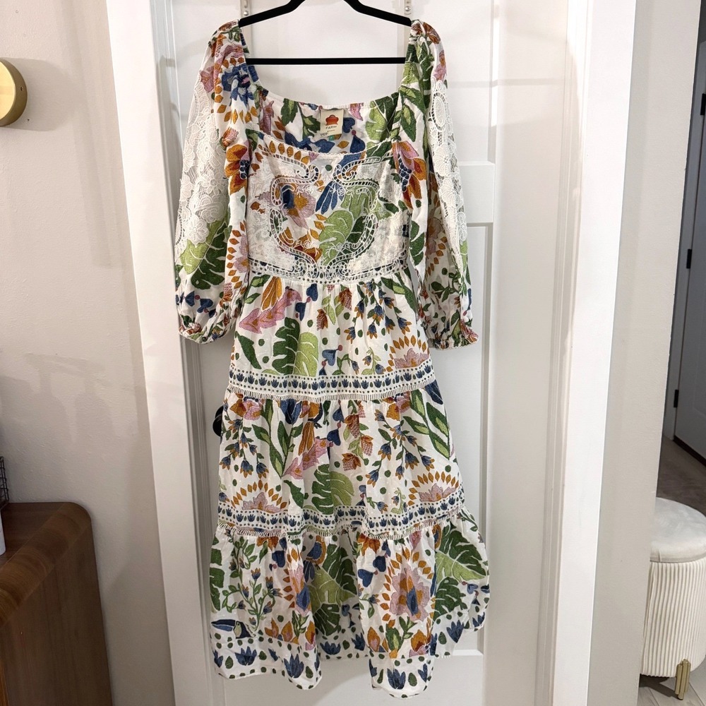 Farm Rio Summer Garden Embroidered Cotton Midi Dress Square Neck Lace Boho